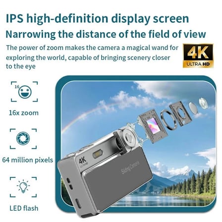 Dijital Kamera 4K HD 48MP 8X Zoom Flaşlı Kayar Retro Video Kamera 2.4’’ Ekran 64GB SD Kart Hediyeli Gümüş