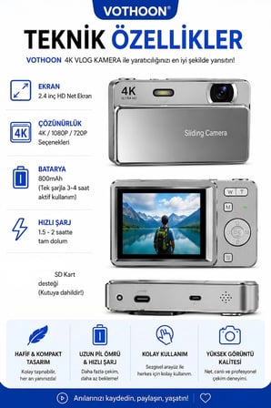 Dijital Kamera 4K HD 48MP 8X Zoom Flaşlı Kayar Retro Video Kamera 2.4’’ Ekran 64GB SD Kart Hediyeli Gümüş