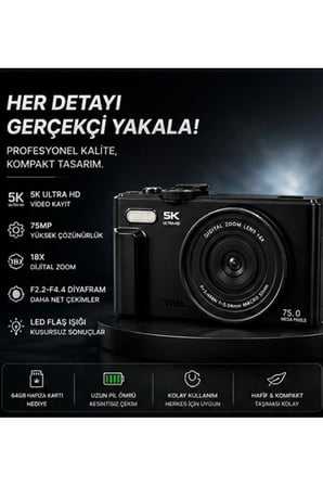 5K 75MP HD Dijital Kamera 18X Dijital Zoom, Flaşlı,3.0 inç Ekranlı Fotoğraf Makinesi