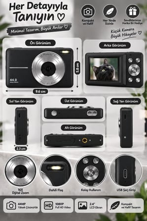 4K Figürlü Çantalı Dijital Video Kamera 44MP 16X Zoom Işıklı Kart Dijital Fotoğraf Makinesi 64gb Hafıza Kart Hediyeli siyah