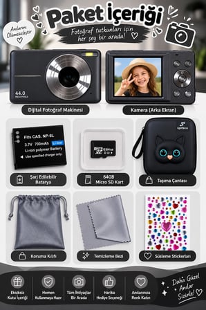 4K Figürlü Çantalı Dijital Video Kamera 44MP 16X Zoom Işıklı Kart Dijital Fotoğraf Makinesi 64gb Hafıza Kart Hediyeli siyah