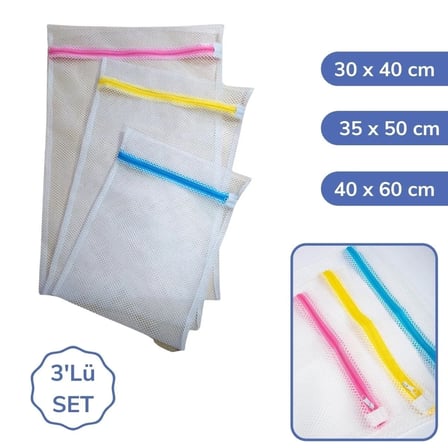 3 Adet Çamaşır Yıkama Filesi Renkli Fermuarlı 3 Boy