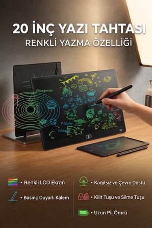 20 Inc Renkli Lcd Grafik Dijital Kalemli Çizim Tableti Yazı Tahta Not Yazma Eğitim Tableti Siyah