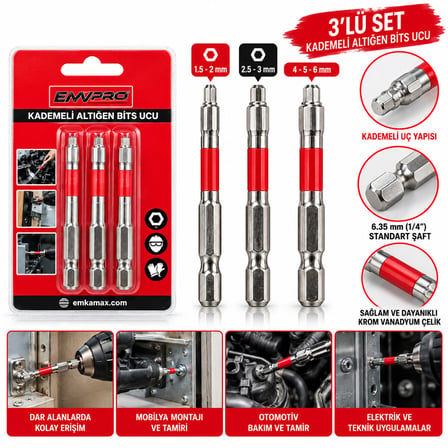 3PCS Kademeli Alyan Bits Ucu - Çok Fonsiyonlu 65MM/2.56 Oın