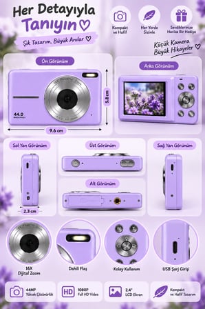 4K Figürlü Çantalı Dijital Video Kamera 44MP 16X Zoom Işıklı Kart Dijital Fotoğraf Makinesi 64gb Hafıza Kart Hediyeli Mor