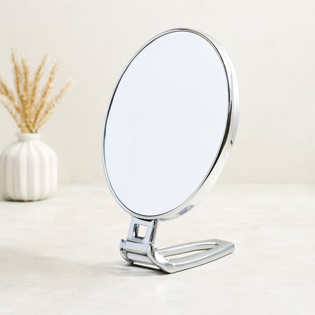 Oval Çift Taraflı Makyaj Aynası (16.5x13 cm) Katlanır Ayaklı Gümüş