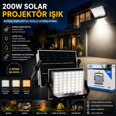 200W Güneş Enerjili Led Projektör - Kamp & Dış Mekan