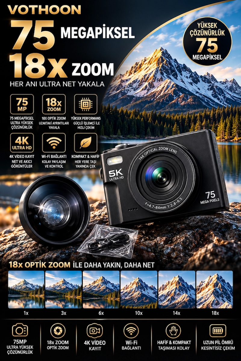 5K 75MP 18X Zoom Flaşlı 3” Flip Ekranlı Türkçe 32GB Kart Dijital Vlog Fotoğraf Makinesi Lens Hediyeli
