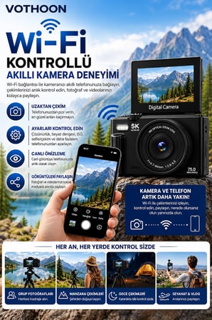5K 75MP 18X Zoom Flaşlı 3” Flip Ekranlı Türkçe 32GB Kart Dijital Vlog Fotoğraf Makinesi Lens Hediyeli