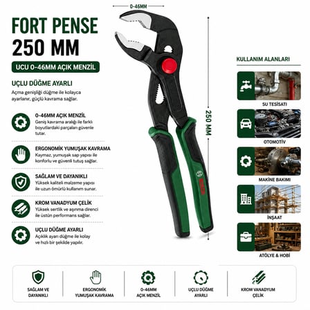 Papağan Pense 250 mm (0-46 mm Ağız, Ergonomik Sap)