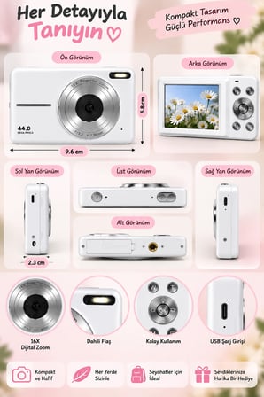 4K Figürlü Çantalı Dijital Video Kamera 44MP 16X Zoom Işıklı Kart Dijital Fotoğraf Makinesi 64gb Hafıza Kart Hediyeli beyaz