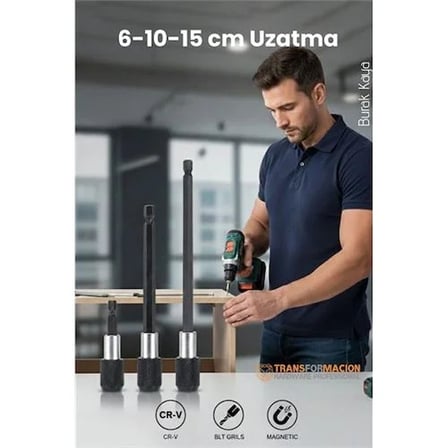 6-10-15 Cm 3'lü Manyetik Uzatma Bits Adaptör Seti | Ulaşılmaz Alanlar Ve Hassas Vidalama İçin