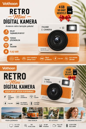 Retro Mini Dijital Kamera 1080P 1.47 İnç Flip Ekranlı Flaşlı Selfie Vlog Kamerası 4GB SD Hediyeli Turuncu