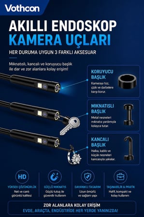 5 Metre Çift Kameralı iOS/Android Uyumlu Yılan Endoskop Kamera 8mm 2MP LED’li Sert Kablo