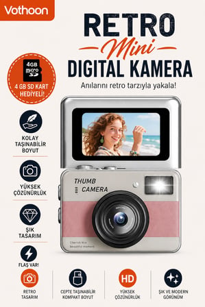 Retro Mini Dijital Kamera 1080P 1.47 İnç Flip Ekranlı Flaşlı Selfie Vlog Kamerası 4GB SD Hediyeli Pembe