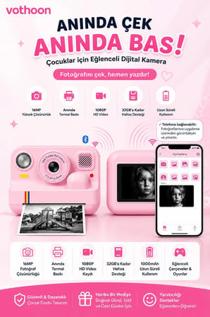 Çocuk Anında Baskılı Fotoğraf Makinesi 16MP Dijital Kamera 1080P Video WiFi Telefon Destekli