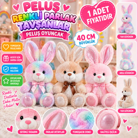 62884 PELUŞ 40CM RENKLİ PARLAK TAVŞANLAR PELUŞ OYUNCAK (adet fiyatıdır)