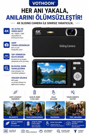 Dijital Kamera 4K HD 48MP 8X Zoom Flaşlı Kayar Retro Video Kamera 2.4’’ Ekran 64GB SD Kart Hediyeli Siyah