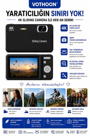 Dijital Kamera 4K HD 48MP 8X Zoom Flaşlı Kayar Retro Video Kamera 2.4’’ Ekran 64GB SD Kart Hediyeli Siyah