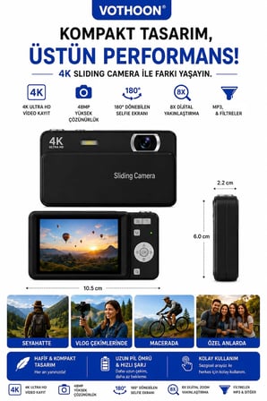 Dijital Kamera 4K HD 48MP 8X Zoom Flaşlı Kayar Retro Video Kamera 2.4’’ Ekran 64GB SD Kart Hediyeli Siyah