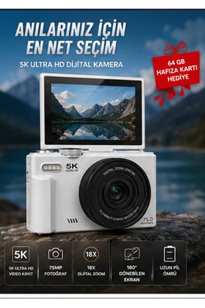5K 75MP HD Dijital Kamera 18X Dijital Zoom, Flaşlı,3.0 inç Ekranlı Fotoğraf Makinesi