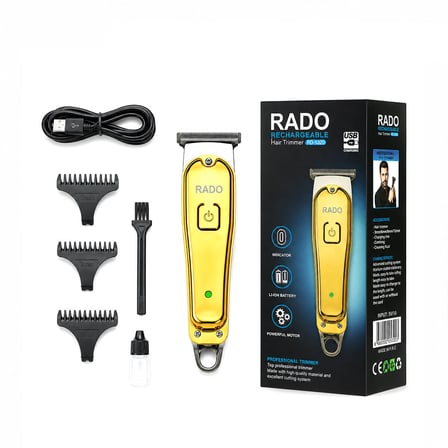 Sarı Metal Kaplama - Usb Sarjlı - T Bıçak 3 Kesim Tarak - Yağ Şişe - Temizleme Fırça Saç Sakal Kesme - Traş Makine RD-3638