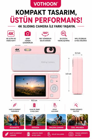 Dijital Kamera 4K HD 48MP 8X Zoom Flaşlı Kayar Retro Video Kamera 2.4’’ Ekran 64GB SD Kart Hediyeli Pembe