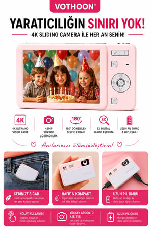 Dijital Kamera 4K HD 48MP 8X Zoom Flaşlı Kayar Retro Video Kamera 2.4’’ Ekran 64GB SD Kart Hediyeli Pembe