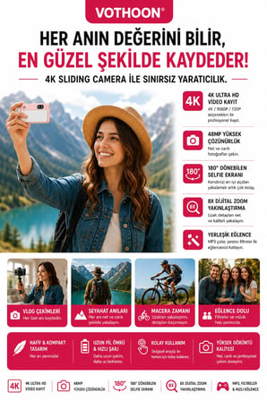 Dijital Kamera 4K HD 48MP 8X Zoom Flaşlı Kayar Retro Video Kamera 2.4’’ Ekran 64GB SD Kart Hediyeli Pembe