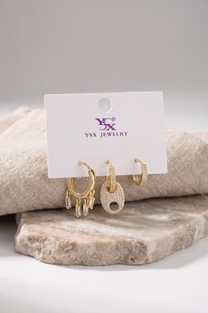 Pirinç Gold Renk Zirkon Taşlı Kadın Küpe Seti