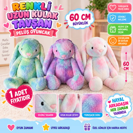 62450 60 CM RENKLİ UZUN KULAK TAVŞAN PELUŞ OYUNCAK (adet fiyatıdır)