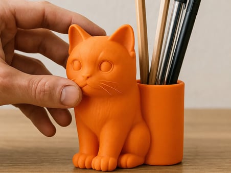 3D Baskı Kedi Figürlü Kalemlik - Masaüstü Organizer - Turuncu