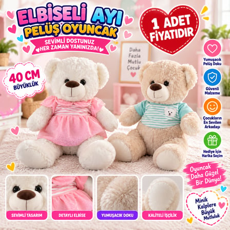 PL50149 40 CM ELBİSELİ AYI OYUNCAK PELUŞ (adet fiyatıdır)