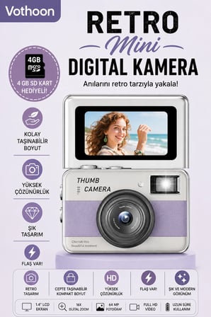 Retro Mini Dijital Kamera 1080P 1.47 İnç Flip Ekranlı Flaşlı Selfie Vlog Kamerası 4GB SD Hediyeli Mor