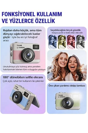 Retro Mini Dijital Kamera 1080P 1.47 İnç Flip Ekranlı Flaşlı Selfie Vlog Kamerası 4GB SD Hediyeli Mor