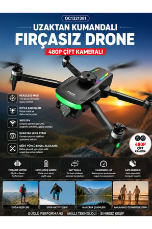 Fırçasız Motorlu Katlanabilir Kamera Drone 480P Çift Kamera, WiFi FPV, 360° Engel Algılama, 2 Batarya