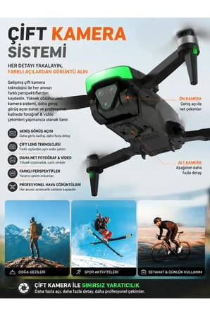 Fırçasız Motorlu Katlanabilir Kamera Drone 480P Çift Kamera, WiFi FPV, 360° Engel Algılama, 2 Batarya