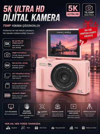 5K 75MP HD Dijital Kamera 18X Dijital Zoom, Flaşlı,3.0 inç Ekranlı Vlog ve Fotoğraf Makinesi