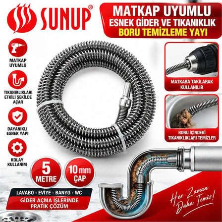 SN-38809 5 Metre 10 Mm Matkap Uyumlu Esnek Gider Tıkanıklık Boru Temizleme Yayı
