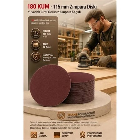12 Adet 180 Kum Yuvarlak Cırtlı Zımpara Diski 115 Mm Deliksiz Zımpara Kağıdı 723218