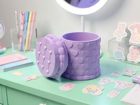 3D Baskı Kabartma Kalp Desenli Kapaklı Kalemlik - Masaüstü Organizer - Mor