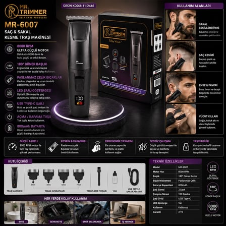 Saç Sakal Kesme Traş Makinesi Şarjlı Dijital Göstergeli 180° Döner Başlık 3-6-9-12MM Tarak MR-6007