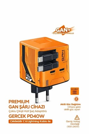 GaN+ PD 40W Hızlı Şarj Adaptörü Çoklu Çıkış USB-C Lightning Kablolu Hızlı Şarj Cihazı Ev Ofis Uyumlu Turuncu