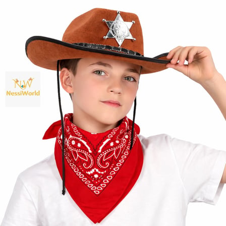 Çocuk Kovboy Şapka Rozetli Kahverengi & Kırmızı Bandana Seti