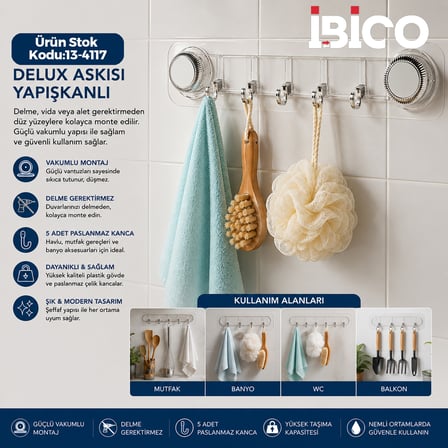 Yapışkanlı Vantuzlu 5 Kollu Plastik Askı