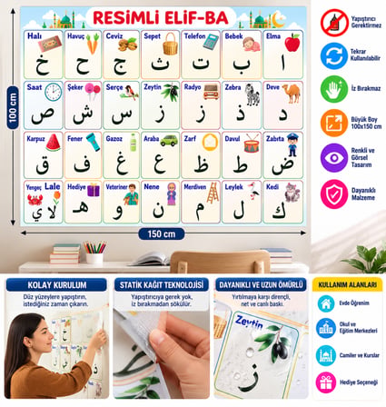 70x100 cm Statik Kağıt Elif-Ba Öğrenme Tahtası