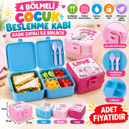 Kendiliğinden Kaşık Çatallı Beslenme Kutusu 4 Bölmeli Çocuk Beslenme Kabı Saklama Kutusu(adet fiyatıdır)