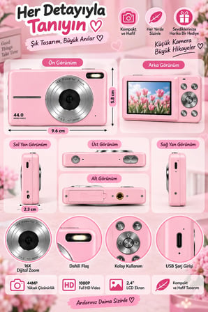 4K Figürlü Çantalı Dijital Video Kamera 44MP 16X Zoom Işıklı Kart Dijital Fotoğraf Makinesi 64gb Hafıza Kart Hediyeli pembe