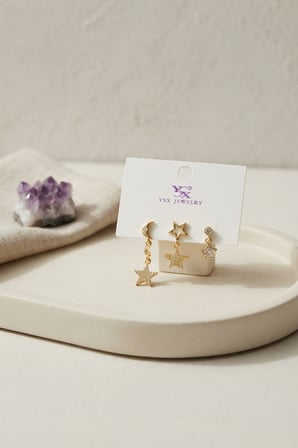 Pirinç Gold Renk Ay ve Yıldız Gece Model Kadın Küpe Seti