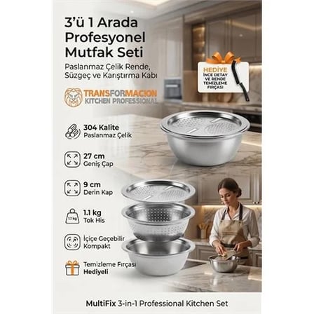 3'ü 1 Arada Profesyonel Mutfak Seti - Paslanmaz Çelik Rende, Süzgeç Ve Karıştırma Kabı (27 Cm) 723296